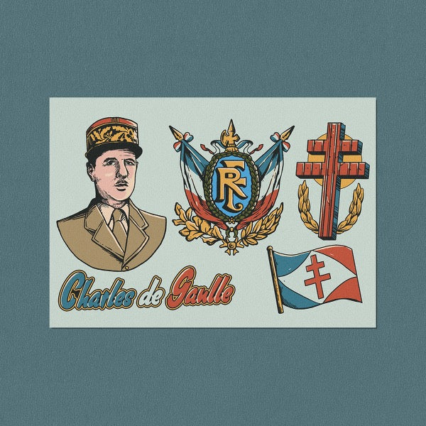 Autocollant Charles de Gaulle figurant son portrait, ses armoiries, sa croix de Lorraine et son drapeau.