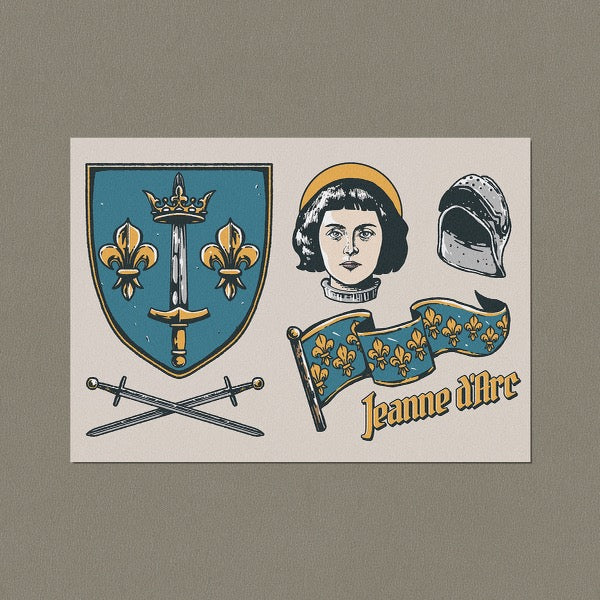 Autocollant SAINTE JEANNE D'ARC avec armoiries, portrait, casque, épées croisées et bannière.