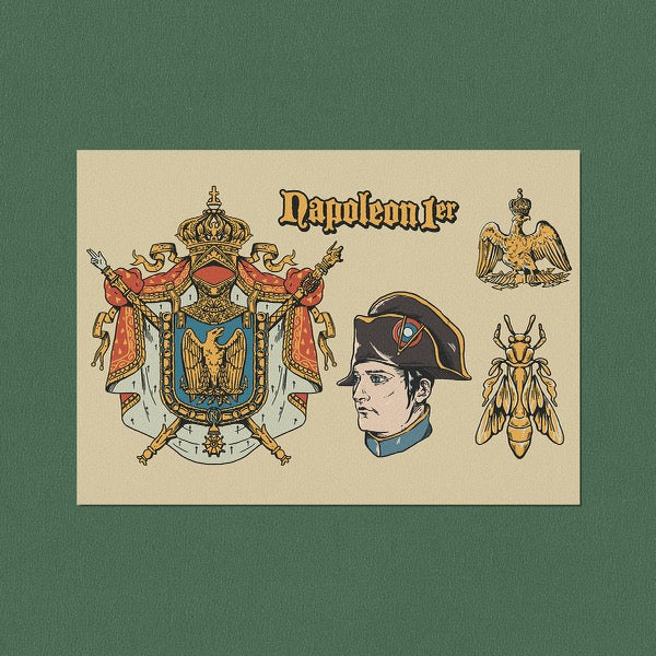 Autocollant Napoléon 1er représentant son portrait, ses armoiries impériales, ses symboles aigle et abeille.