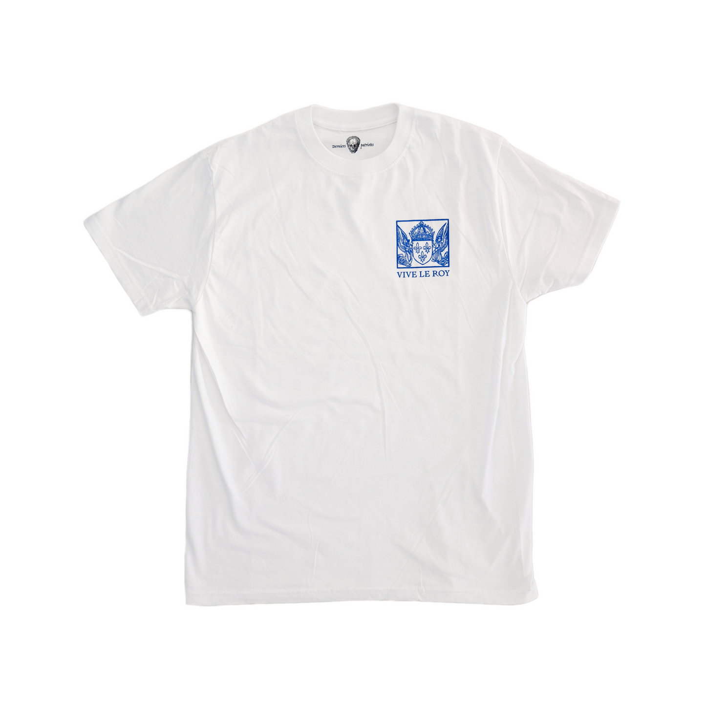 T-shirt unisexe blanc avec graphiques bleus et texte « Vive Le Roi » sur le devant.